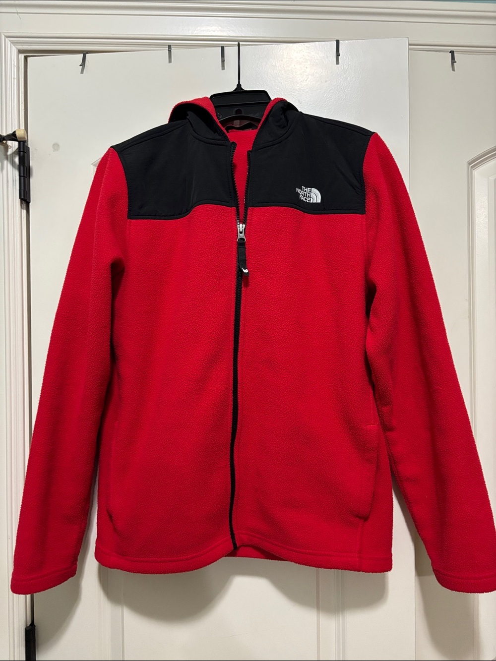 The North Face Boys Red Fleece Jacket with Black Yoke and Hood